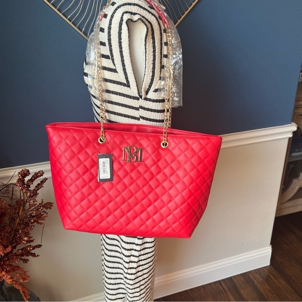 NWT Badgley Mischka Red Quilted Tote Bag